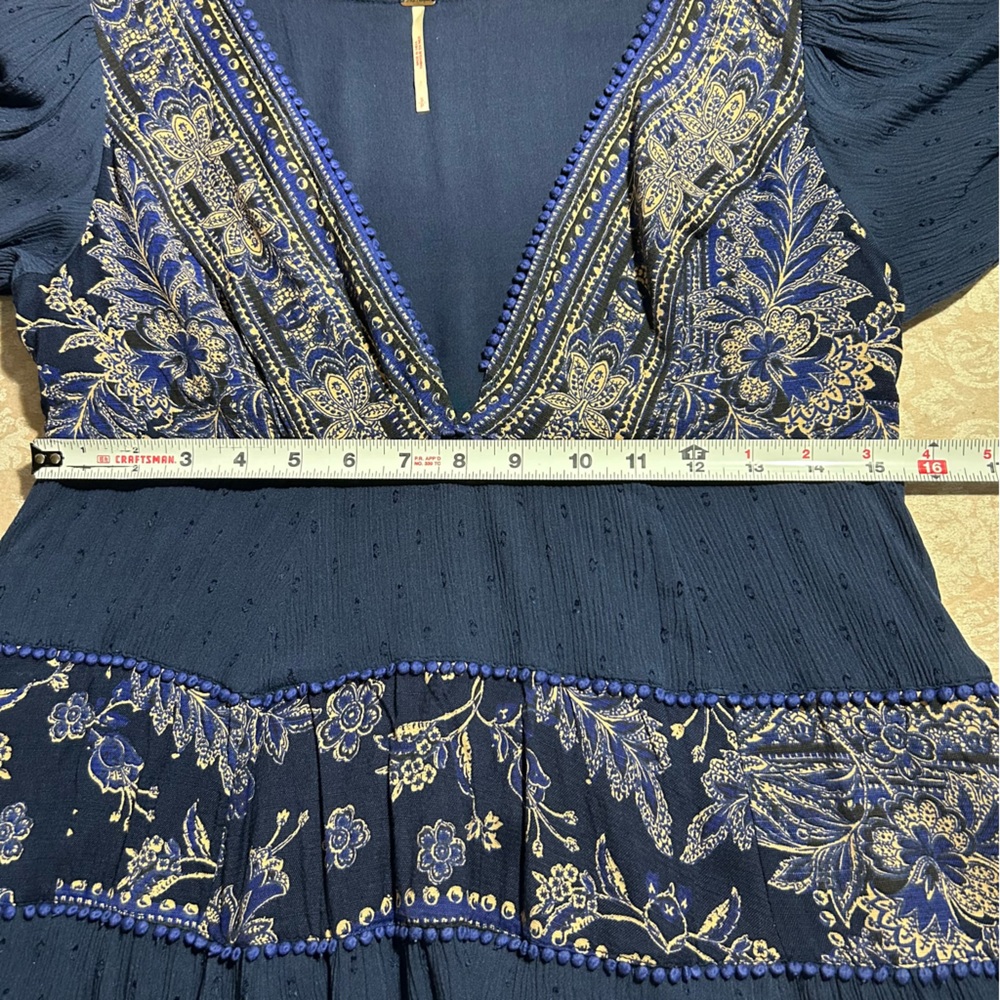 Boho-Style Deep Blue V-Neck Tiered Mini Dress - Picture 13 of 16